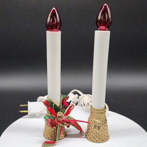 Vintage Electric Christmas Candle Lights With Red Bulbs Ornate Brass Base 8"